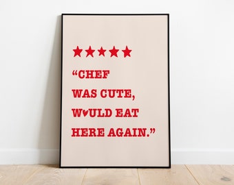 Kitchen Art, Kitchen Wall Print, Minimalist Print for Chef, Print Red Chef Art Print - Red Text - Unframed