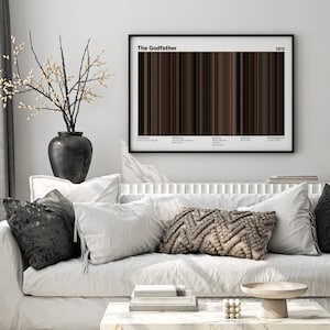 May include: A living room scene featuring a white sofa adorned with pillows in various shades of gray and white. A framed artwork with the title "The Godfather" and the year 1972 hangs above the sofa. A black vase with decorative branches sits to the left.