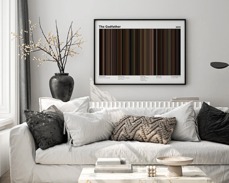 May include: A living room scene featuring a white sofa adorned with pillows in various shades of gray and white. A framed artwork with the title "The Godfather" and the year 1972 hangs above the sofa. A black vase with decorative branches sits to the left.
