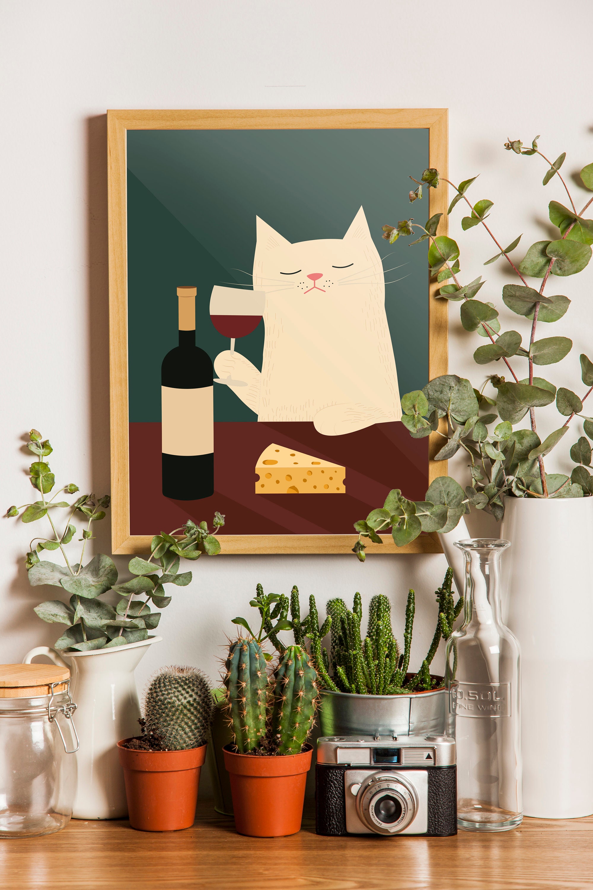 White Cat Wine and Cheese Poster - Funny Kitchen Art Print - Unframed ...