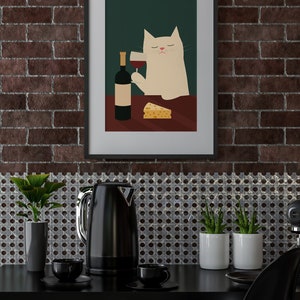 White Cat Wine and Cheese Poster - Funny Kitchen Art Print - Unframed ...