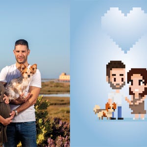 Ritratto personalizzato in pixel art di coppie e animali domestici, file digitale