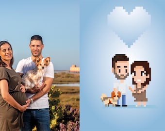 Custom Pixel Art Portrait of Couples and Pets | Unique Digital Gift | Choose Your Size | Personalized Digital Illustration