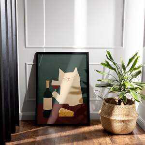 White Cat Wine and Cheese Poster - Funny Kitchen Art Print - Unframed ...