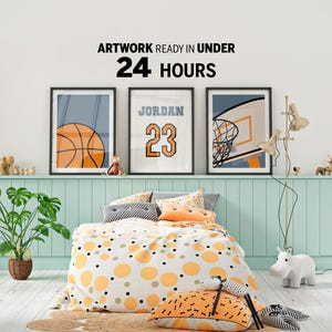 Láminas personalizadas de baloncesto para habitación infantil | Nombre y dorsal | Arte deportivo digital