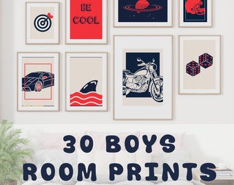 Blue Red Boys Room Prints, Retro Wall Art Bundle, Sports Gamer Decor, Kids Printable Posters, 30 Digital Downloads