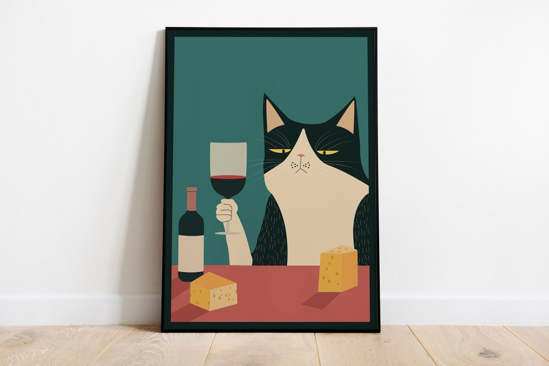 Cat Wine and Cheese Poster, Funny Art Gift, Home Decoration, Kitchen ...