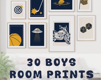 30 Boys Room Prints Blue and Yellow | Kids Wall Art Bundle | Modern Nursery Decor | Printable Wall Art Digital Download