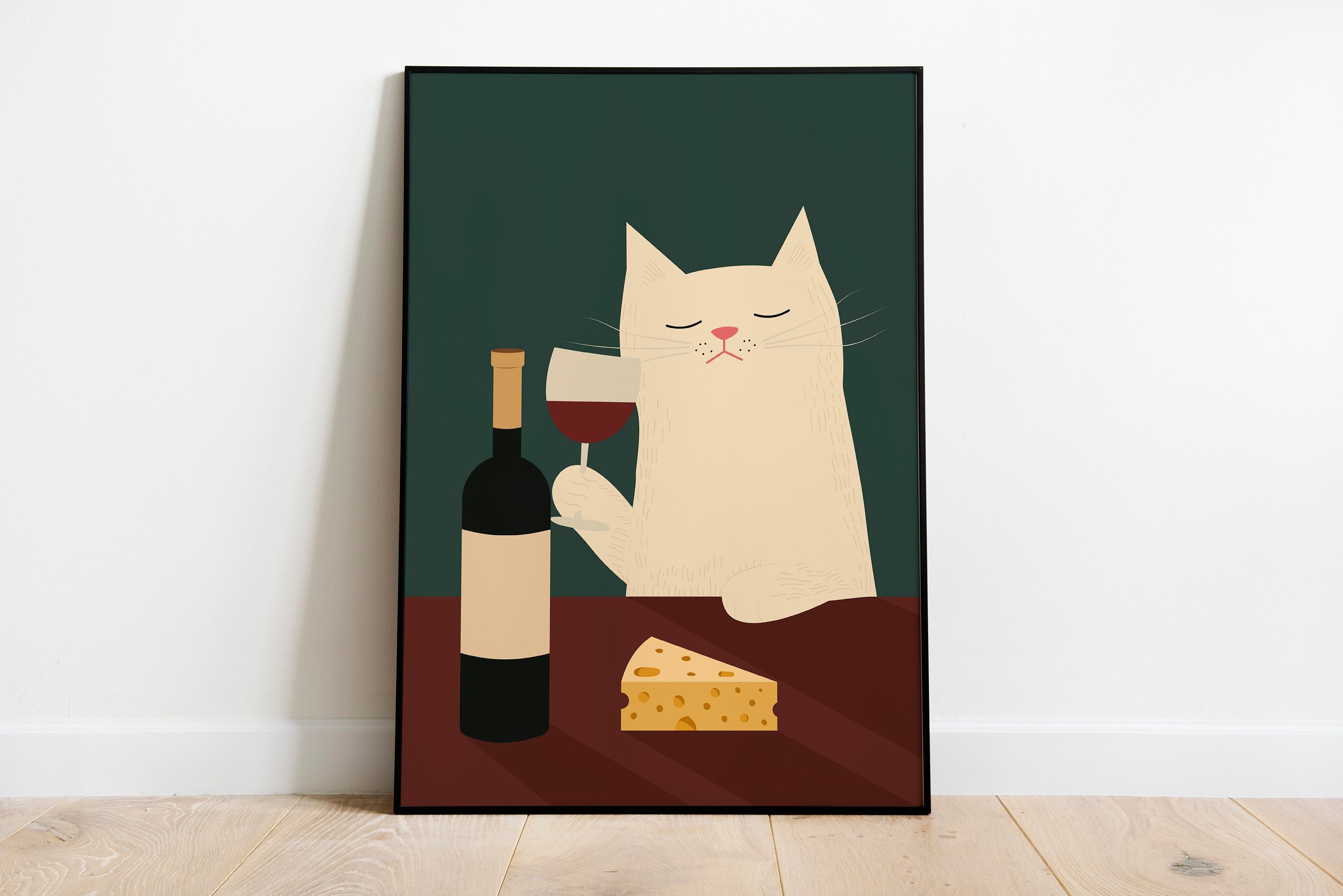 White Cat Wine and Cheese Poster - Funny Kitchen Art Print - Unframed ...