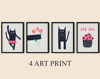 4 Cats Art Print Set, wall art, cats art, home decor, cats artwork, Cat art set, Digital Download