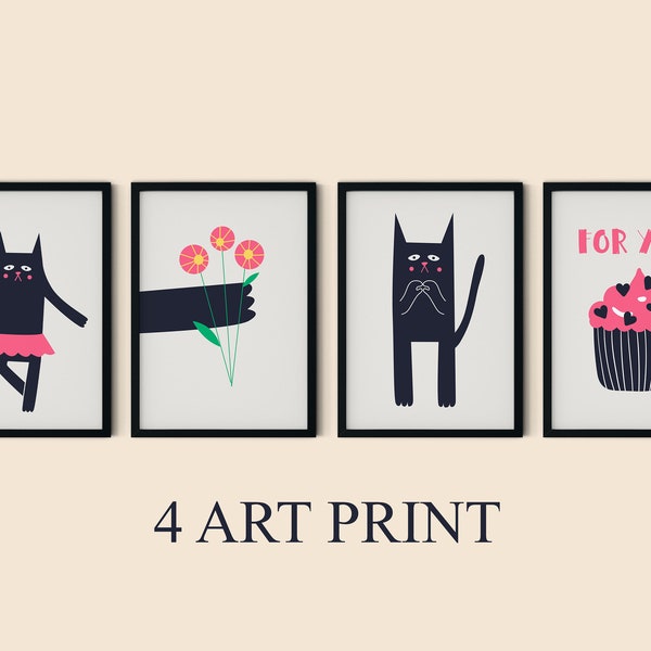 4 Cats Art Print Set,  arte de pared, arte de gatos, decoración del hogar, obras de arte de gatos, Conjunto arte de gatos, Descarga Digital