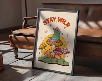 Vintage Cowboy Frog Poster - Aesthetic Boho Wall Art with Mushrooms - Psychedelic Retro Illustration, High Quality, No Frame
