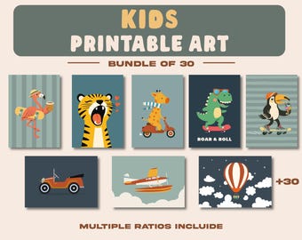 30 Retro Kids Wall Art Prints Bundle, Printable Nursery Decor, Playroom Animal Posters, Digital Download Set