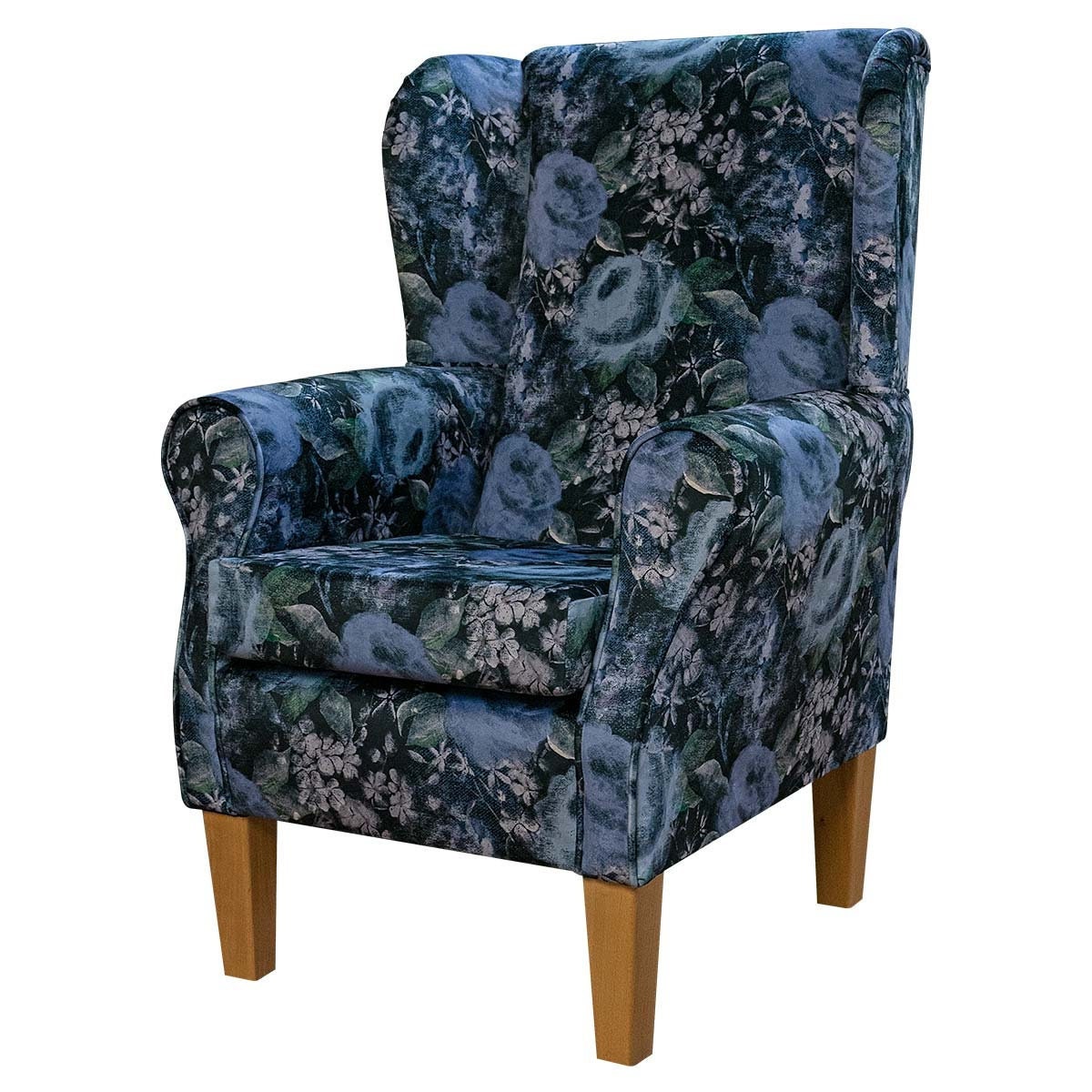 Blue Floral Velvet Wingback Armchair Handmade Fireside Accent