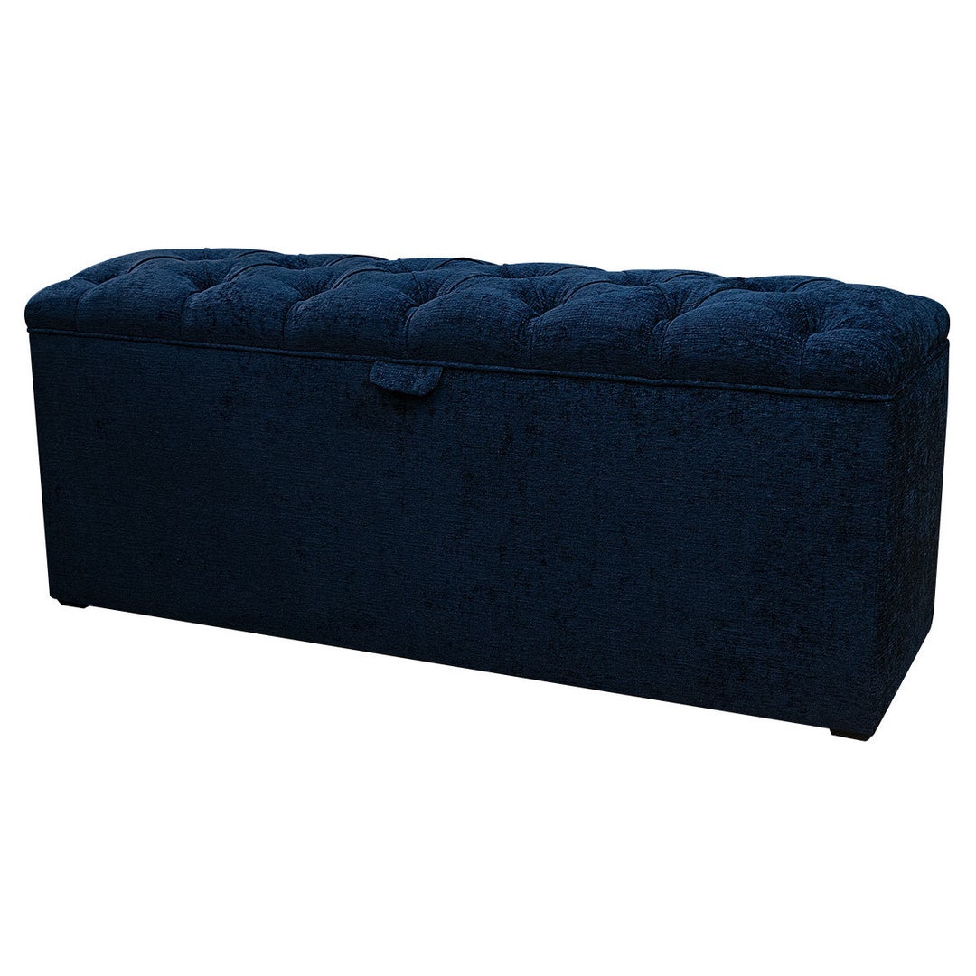 Navy Buttoned Blanket Storage Ottoman Bedroom Box Presto Chenille Fabric Bespoke British Made
