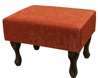 Handmade Small Footstool in Orange Velvet Pimlico Crush Copper Fabric  Upholstered British Custom Made