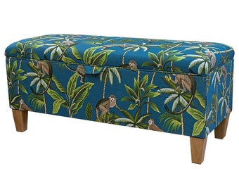 Monkey Teal 100cm Rectangle Storage Bench Ottoman | Bedroom Accent Stool | Tropical Animal Fryetts Fabric | Bespoke British Made