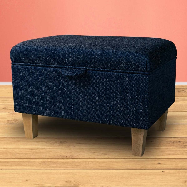 Handmade Blue Navy Metallic Storage Ottoman | Upholstered Pouffe Footstool | Bespoke British Made