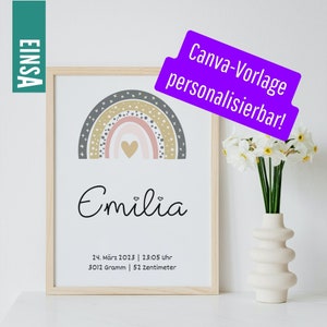Imagen de fechas de nacimiento personalizables | Diseña tu propia plantilla| descargar e imprimir como póster o tarjeta | Plantilla Canva Bebés Recién Nacidos