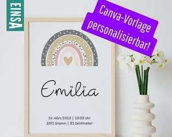 Customizable birth date image | Design your own template | Download & print as a poster or card | Canva template for newborn babies