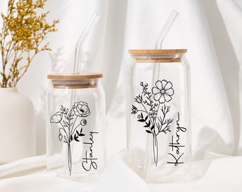 Personalized Glass Cup,Custom Glass With Lid&Straw,Birth Flowers Glass Tumbler,Mothers Day Gift,Birthday Gifts,Trip Gifts For Her,#BF01