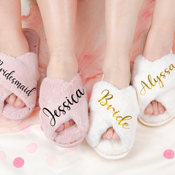 Personalized Slippers for Women,Bachelorette Custom slippers,Fluffy Cross Slippers,Slippers with names,Bridesmaid gifts,Bridal slippers Mrs
