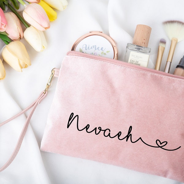 Bolso de maquillaje de terciopelo personalizado, Bolso de maquillaje de dama de honor, Bolsa cosmética de nombre personalizado, Bolso de maquillaje de dama de honor con nombre, ideas de regalos de cumpleaños para ella