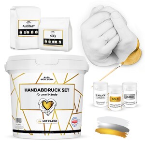 Könnte beinhalten: Handabdruck-Set mit zwei Beuteln Pulver, einem Eimer Gips und drei Flaschen Farbe: Klarlack glänzend, Gold und Silber. Das Set enthält Anweisungen zum Erstellen eines Handabdrucks von zwei Händen.