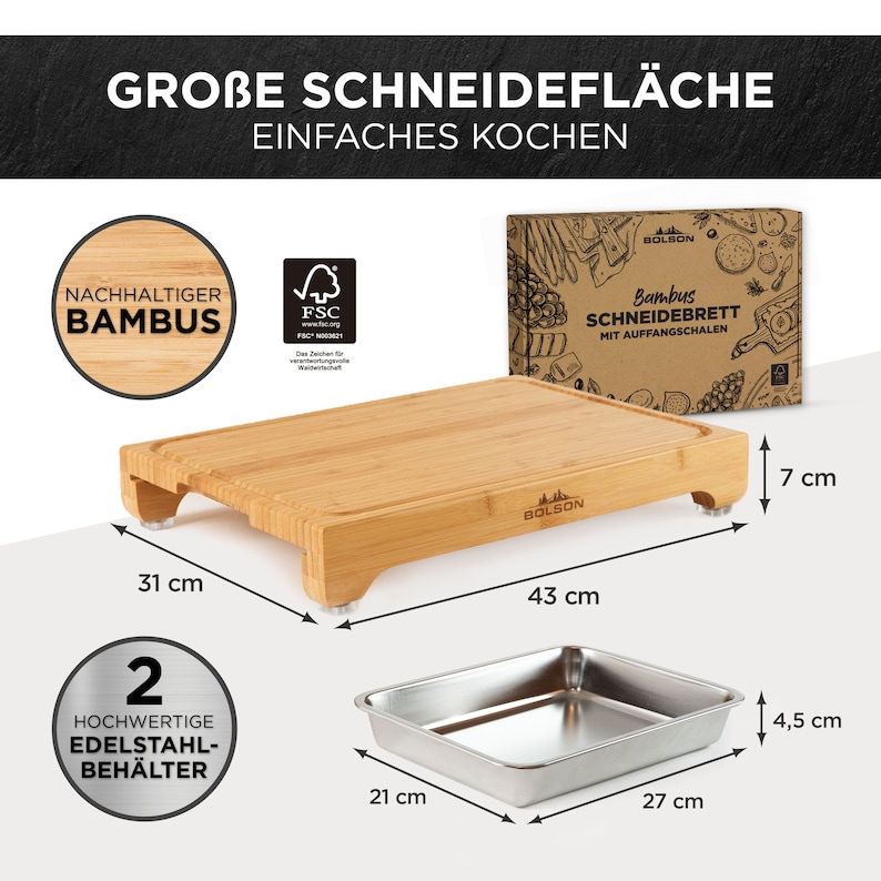 Bambus Schneidebrett mit 2 Auffangschalen Küchenbrett Holzbrett Küchenhelfer perfekt auch als Geschenk Bild 2