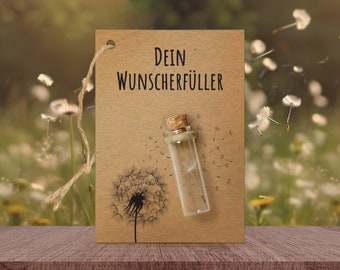 Kleiner Wunscherfüller echtes Pusteblumen-Schirmchen im Glas | Geschenk für Geburtstag, Hochzeit, Muttertag, Abschluss | Wunsch im Glas