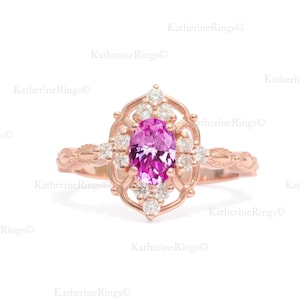 Unique 14k Oval Pink Sapphire Engagement Ring, Vintage Rose Gold Sapphire Bridal Wedding Ring, Diamond Promise Ring For Women, Gift For Her