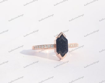 Natural Hexagon Blue Sandstone Ring: Vintage Galaxy Promise Ring