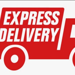 Könnte beinhalten: Rote Grafik eines Lieferwagens mit den Worten "EXPRESS DELIVERY" in Weiß. Der LKW wird in Seitenansicht dargestellt, mit Rädern und einer stilisierten Auspuffspur. Der Hintergrund ist schlicht weiß.