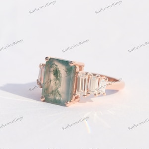 Natural Green Moss Agate Engagement Ring, Vintage Agate Emerald Cut Wedding Ring, Unique Mossy Promise For Women, Anniversary Gift For Her