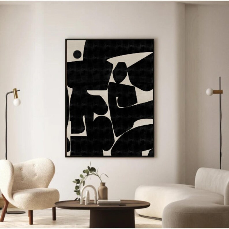 Pu&ograve; includere: Stampa d'arte astratta con forme geometriche in bianco e nero. La stampa presenta uno sfondo testurizzato e un design moderno.