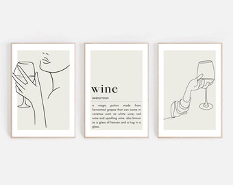 Stampe con disegni a tratteggio sulla definizione del vino: decorazioni murali per cucina e sala da pranzo (download digitale)