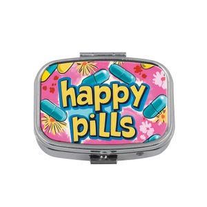 Happy Pills Vintage Print Pillerask Delad Metall Rostfritt Stål Fyrkantig Reseburk | Medicinfodral Liten Pillerbehållare