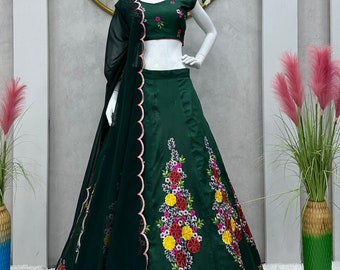 Dames Lehenga Choli, bruiloft, receptie, functiekleding Gorgette, slik met canvas en paillettenkettingborduurwerk, ontwerper kant-en-klare jurk VS