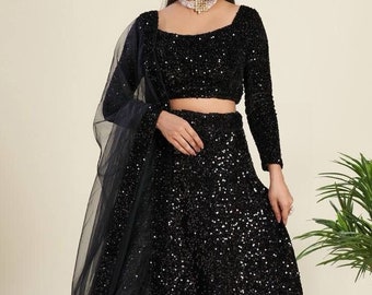 Black Lehenga Choli For Women Wedding Party Wear Lehenga Choli, Bollywood Lehengas Choli Ruffle Lengha Choli Festival Frill lehengas