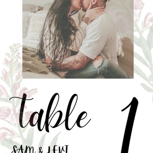 Wedding Table Number with photo Template , Editable Watercolor greenery and flowers, 4x6 printable