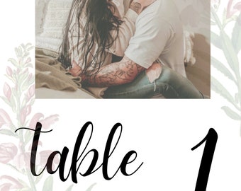 Wedding Table Number with photo Template , Editable Watercolor greenery and flowers, 4x6 printable