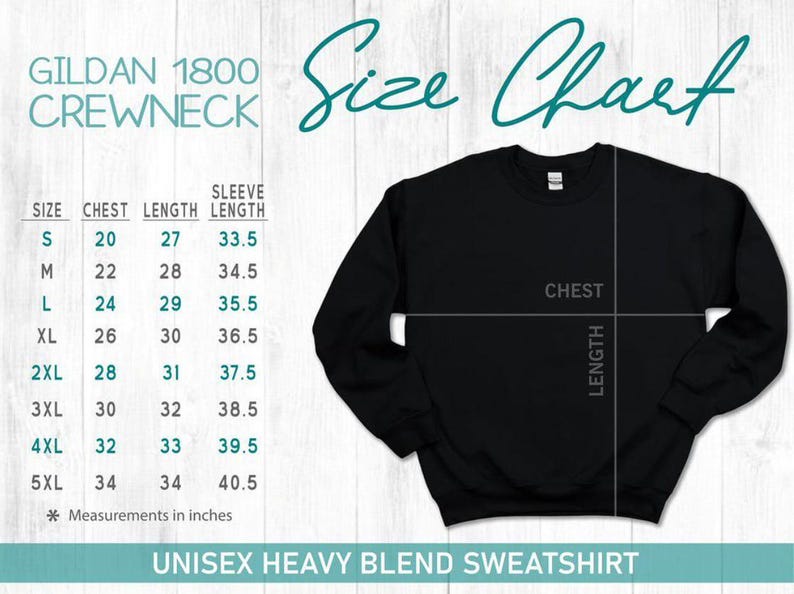 The image is a size chart for a GILDA 1800 Crewneck Sweatshirt, which is a heavy blend sweatshirt. The chart provides measurements for chest, sleeve, and length in inches, along with a labeled diagram of the sweatshirt.