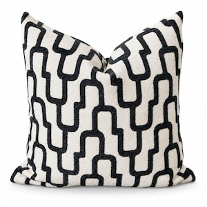 Black white geometric cushion cover. Textured woven chenille throw pillow. Modern home decor. Abstract pillow cover.