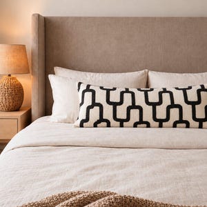 White and black lumbar pillow with pattern. Luxury woven chenille cushion cover. Minimalist throw pillow cover. Modern home decor.