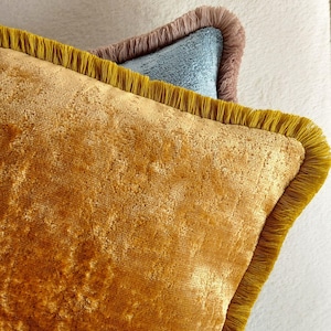 Peut inclure: Gros plan sur deux coussins décoratifs. Le coussin avant est jaune doré avec une surface texturée et une bordure à franges. Le deuxième coussin est bleu clair avec une bordure à franges marron. Les coussins sont sur une surface blanche.