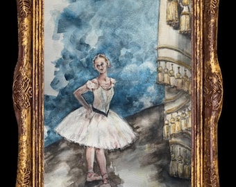 BALLERINA ON STAGE Original Hand-Painted 11.5"x16.5" Watercolor Art