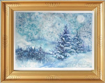 BLIZZARD in BLUE, Original Hand-Painted Watercolor 9"x12" Snowy Landscape Art
