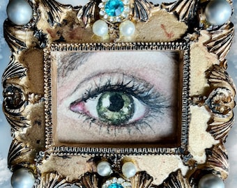 Original Watercolor Lover's Eye Miniature Painting, Resin Gold Frame with Pearls, Rhinestones (3"x3.5")