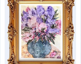 PURPLE FLOWERS in VASE Original 9"x12" Hand-Painted Watercolor Art