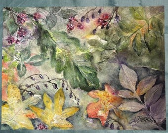 Hand-Painted Watercolor Leaves, Semi-Abstract Art (9x12)